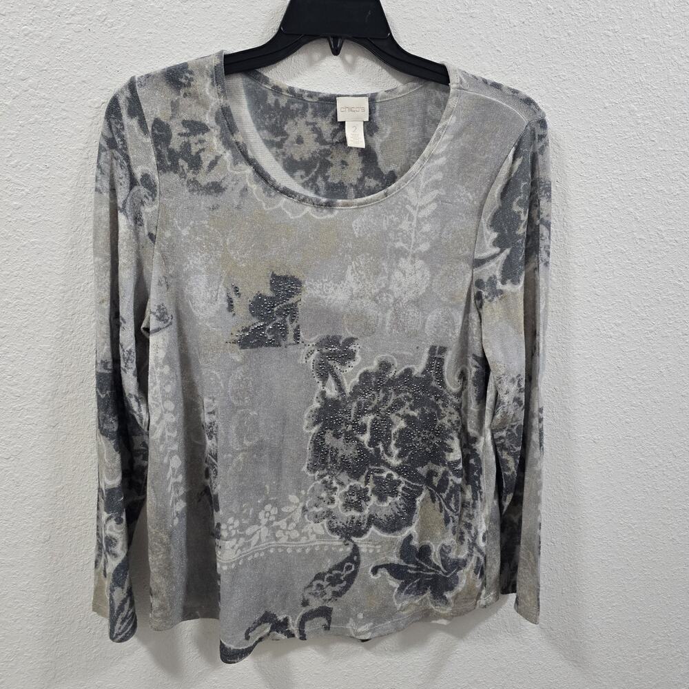 Chicos Metallic Floral Long Sleeve Top Gray Silver Stretch Sparkle Shrit L - Picture 6 of 9